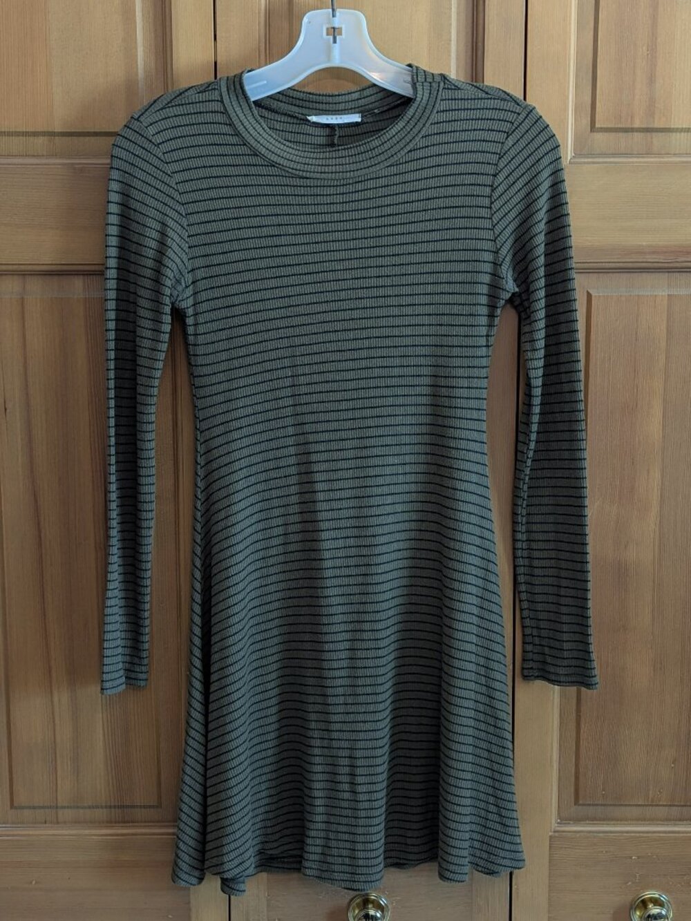 Crew neck mini dress olive green and black striped XS Lush brand